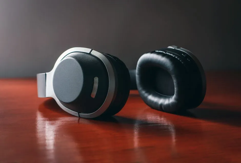 Noise-cancelling headphones, tinted glasses and a fidget ring laid out on a desk
